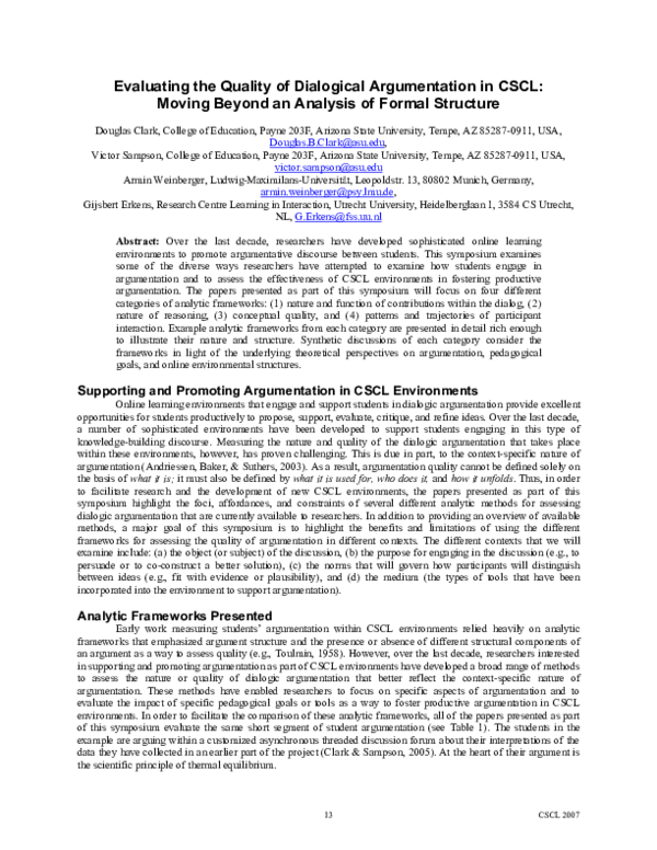 (PDF) Evaluating the quality of dialogical argumentation in CSCL