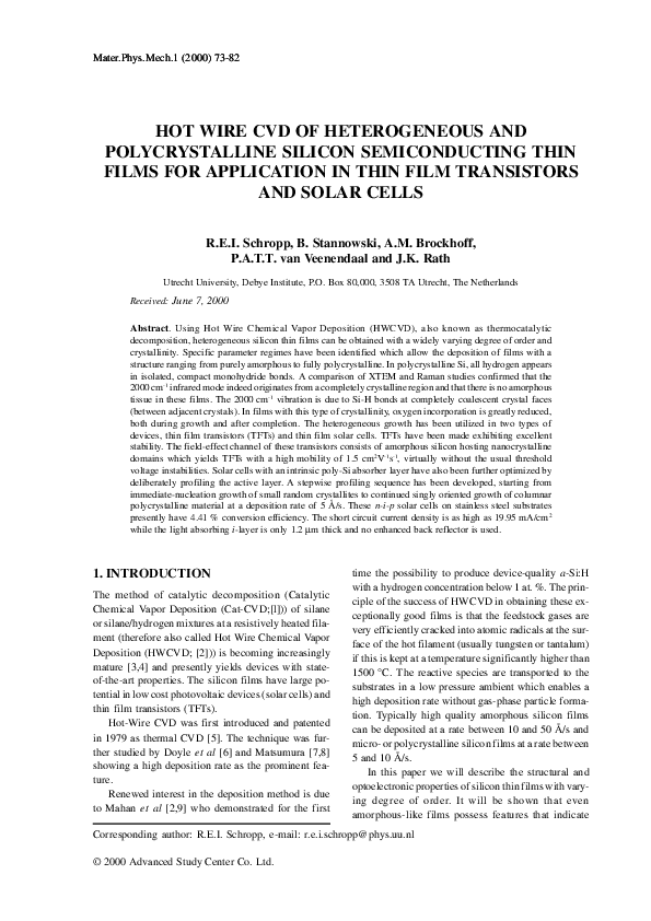(PDF) Hot wire CVD of heterogeneous and polycrystalline silicon ...