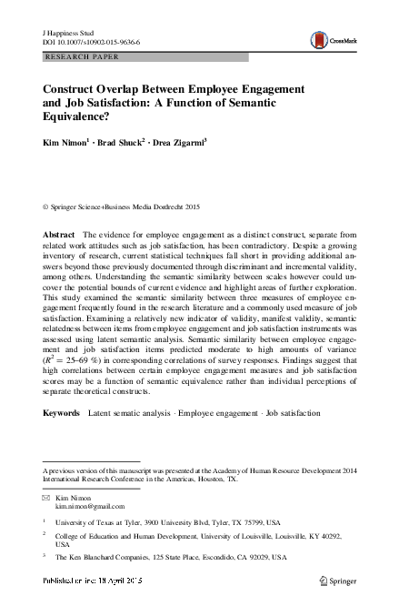 (PDF) Construct Overlap Between Employee Engagement and job ...