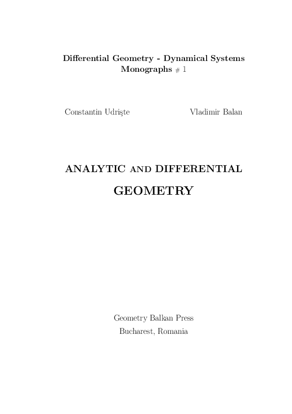 (PDF) Analytic and differential geometry Vladimir Balan, Constantin