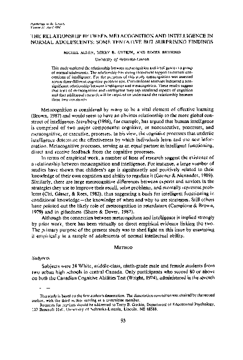 (PDF) The relationship between metacognition and intelligence in normal ...