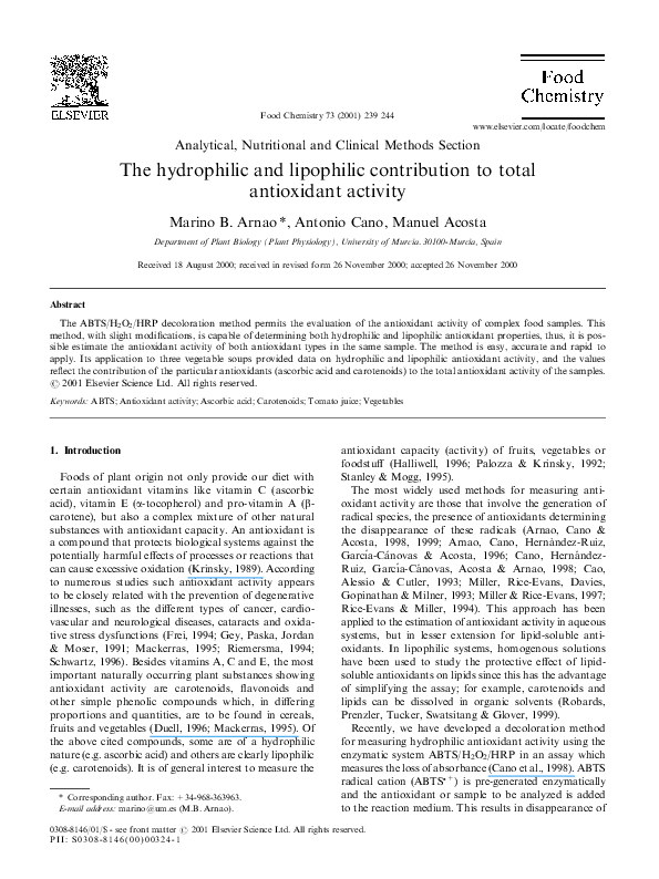 (PDF) The hydrophilic and lipophilic contribution to total antioxidant