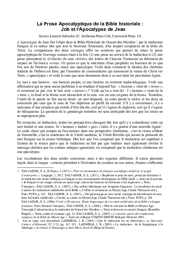 (PDF) La Prose Apocalyptique de la Bible historiale Job et l