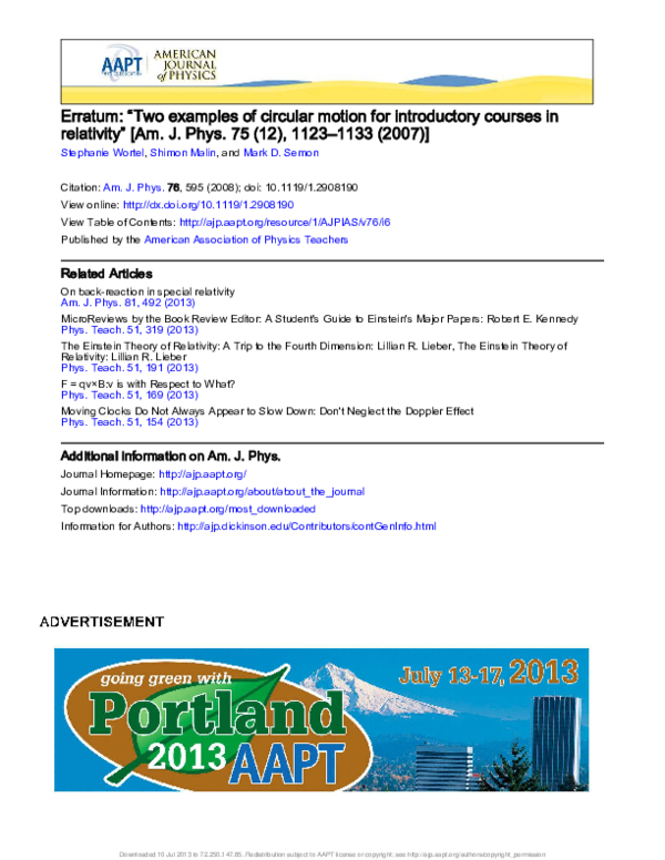 (PDF) Erratum: “Two examples of circular motion for introductory ...
