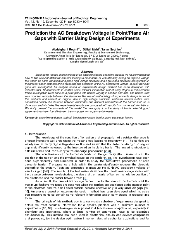 (PDF) Prediction the AC Breakdown Voltage in Point/Plane Air Gaps with ...