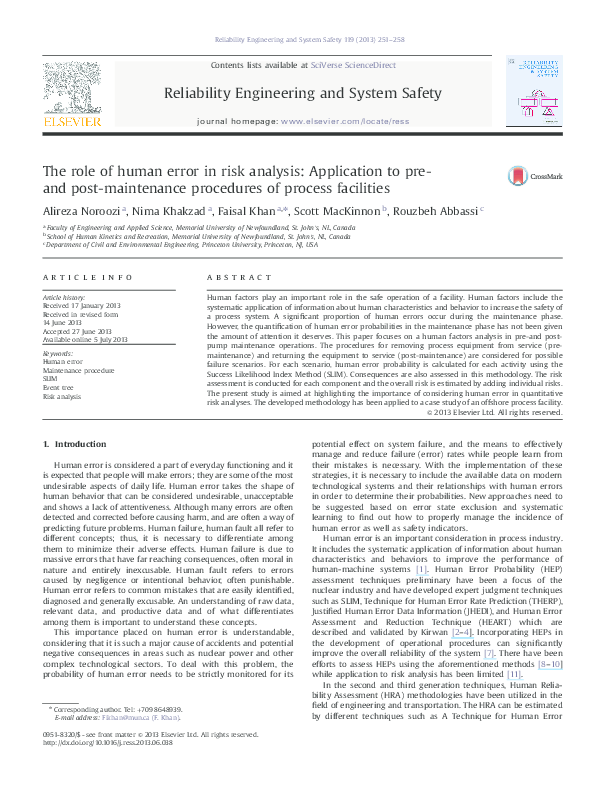 (PDF) The role of human error in risk analysis: Application to pre- and ...