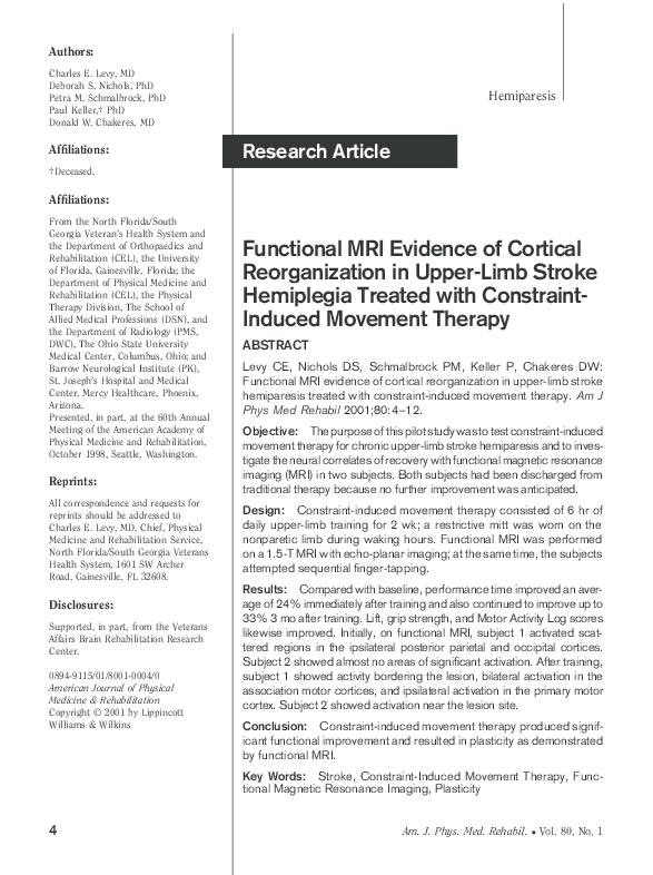 (PDF) Functional MRI evidence of cortical reorganization in upper-limb ...