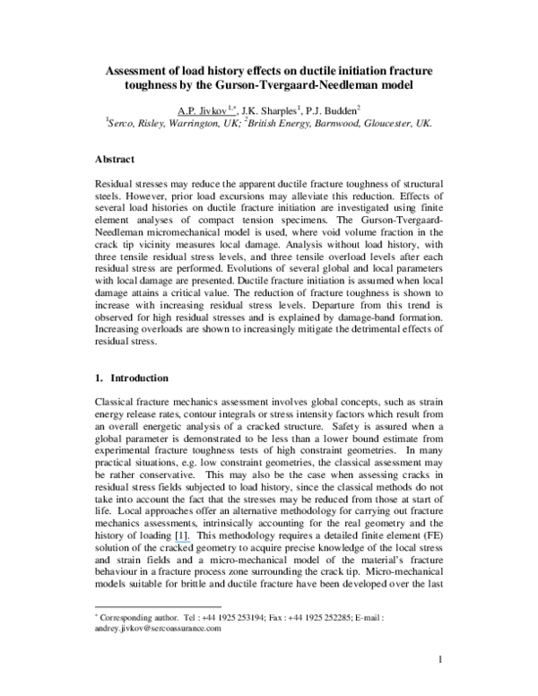 (PDF) Assessment of load history effects on ductile initiation fracture Andrey P Jivkov