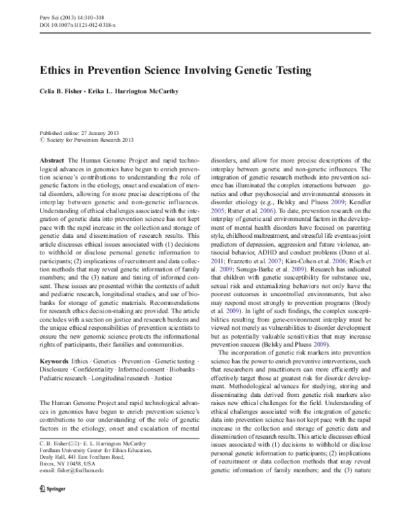 (PDF) Ethics in Prevention Science Involving Genetic Testing