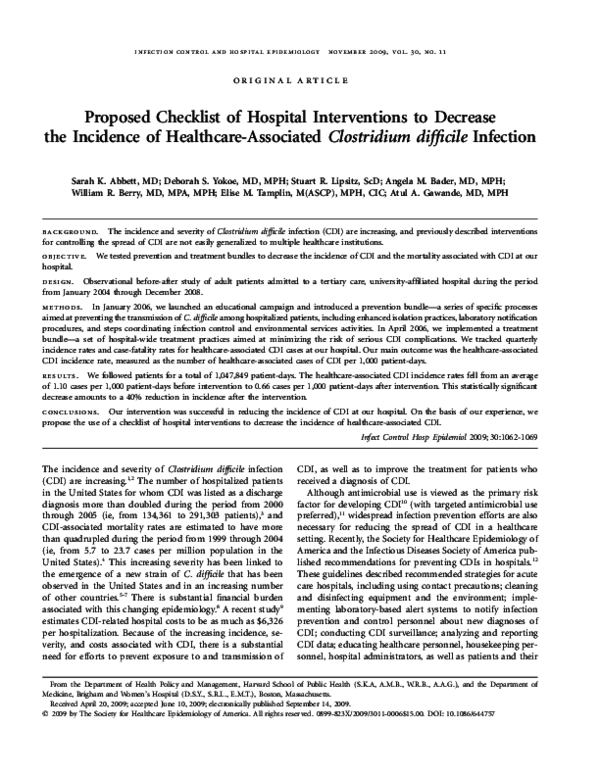 (PDF) Proposed Checklist of Hospital Interventions to Decrease the ...