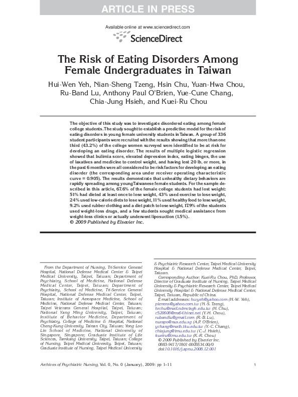 (PDF) The Risk of Eating Disorders Among Female Undergraduates in Taiwan