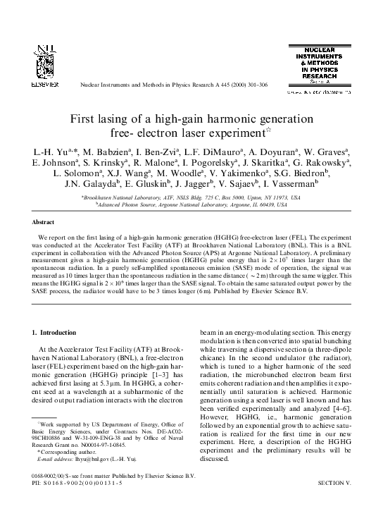 (PDF) First lasing of a high-gain harmonic generation free- electron ...