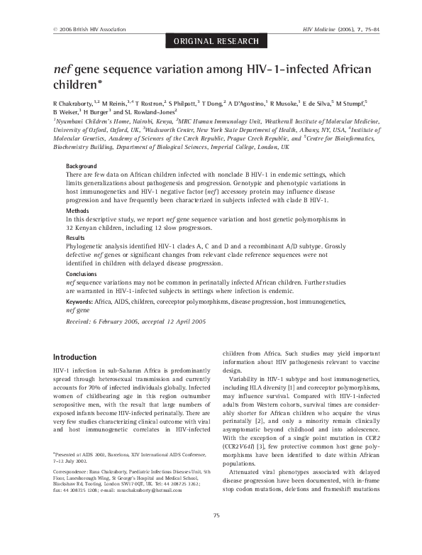 (PDF) nef gene sequence variation among HIV-1-infected African children*