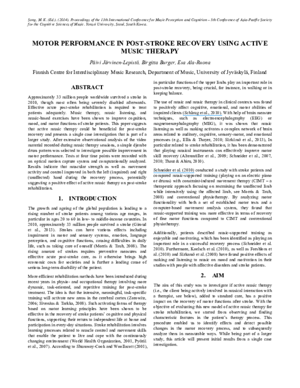 (PDF) Motor performance in post-stroke recovery using active music therapy