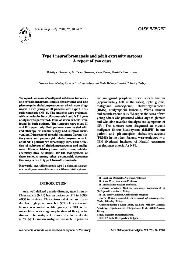 (PDF) Type 1 neurofibromatosis and adult extremity sarcoma. A report of ...