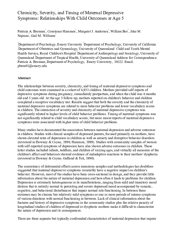 (PDF) Chronicity, severity, and timing of maternal depressive symptoms ...