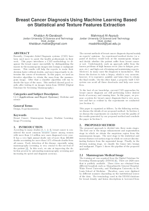 (PDF) Breast cancer diagnosis using machine learning based on ...