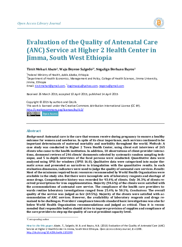 (PDF) Evaluation of the Quality of Antenatal Care (ANC) Service at ...