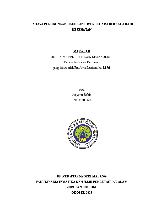 Doc Bahaya Penggunaan Hand Sanitizer Secara Berkala Bagi Kesehatan Aisyah Robia Academia Edu