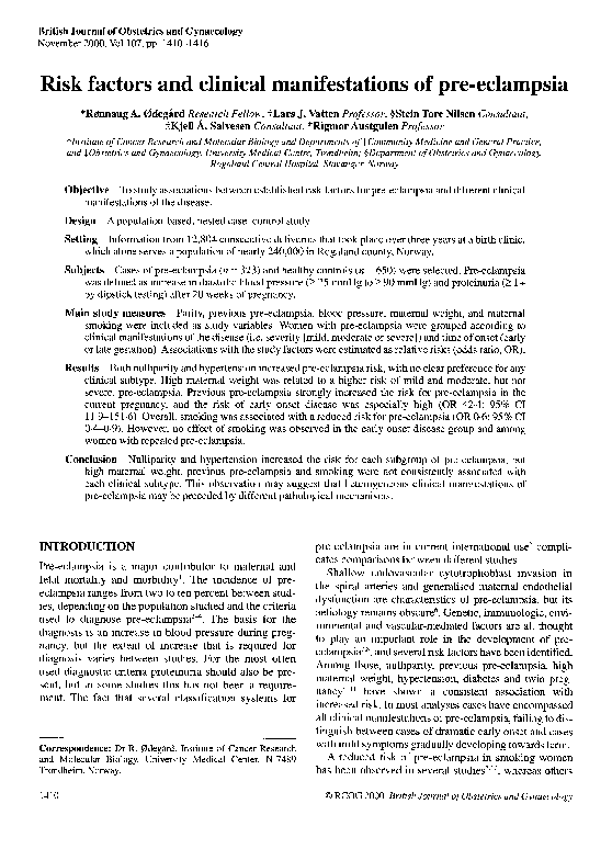 (PDF) Risk factors and clinical manifestations of pre-eclampsia