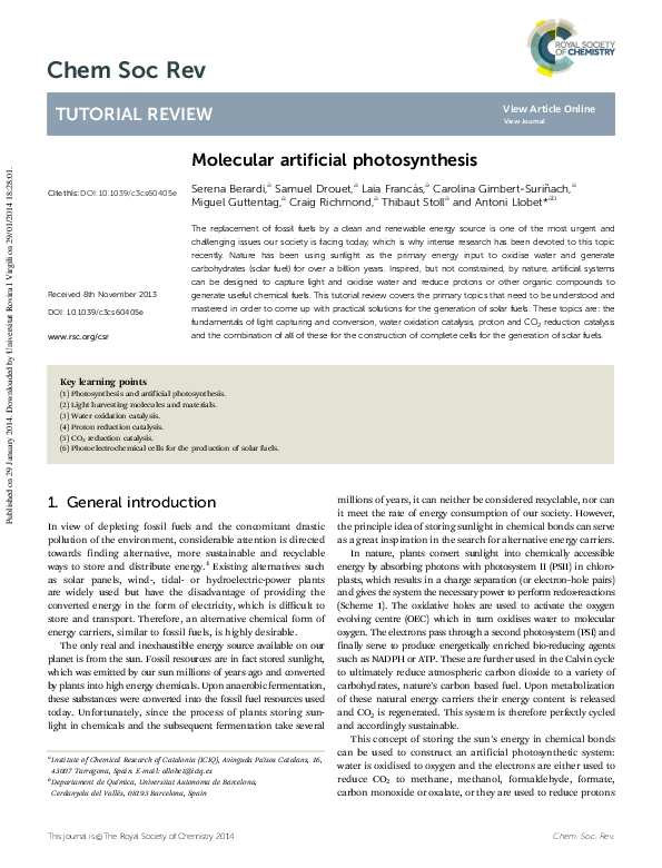 (PDF) Molecular artificial photosynthesis Laia Francas and Antoni