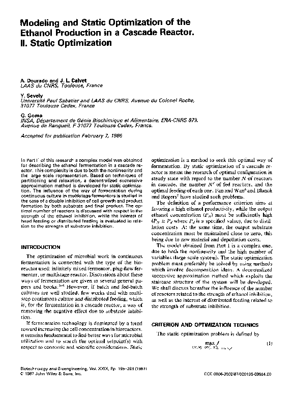 (PDF) Modeling and static optimization of the ethanol production in a ...