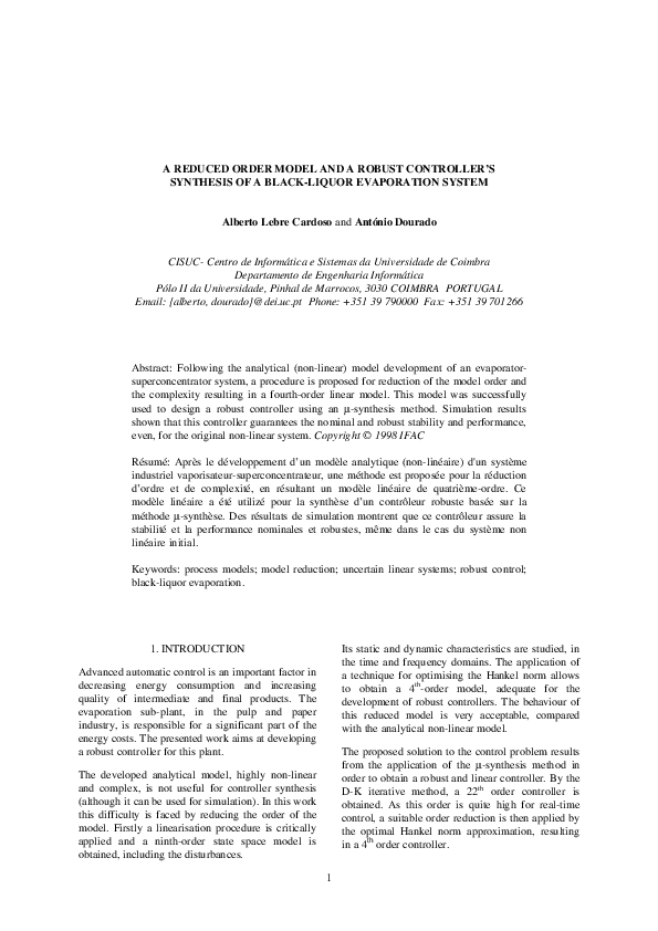 (PDF) A Reduced Order Model And A Robust Controller's Synthesis Of A ...