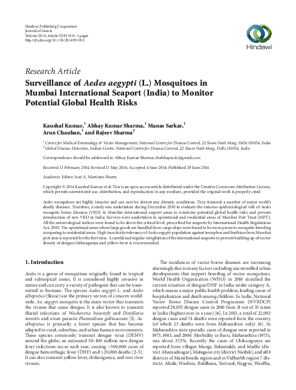(PDF) Surveillance of Aedes aegypti (L.) Mosquitoes in Mumbai ...
