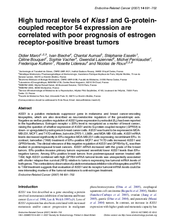 (PDF) High tumoral levels of Kiss1 and G-protein-coupled receptor 54 ...