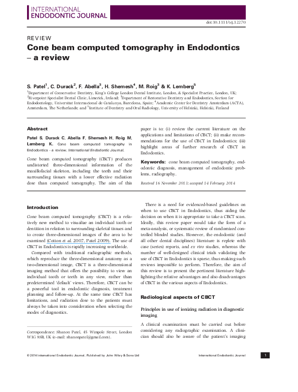 (PDF) Cone beam computed tomography in Endodontics - a review