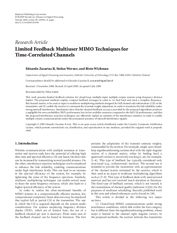 (PDF) Limited Feedback Multiuser MIMO Techniques for Time-Correlated ...