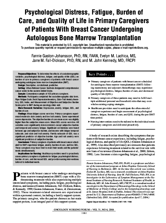 (PDF) Psychological Distress, Fatigue, Burden of Care, and Quality of ...