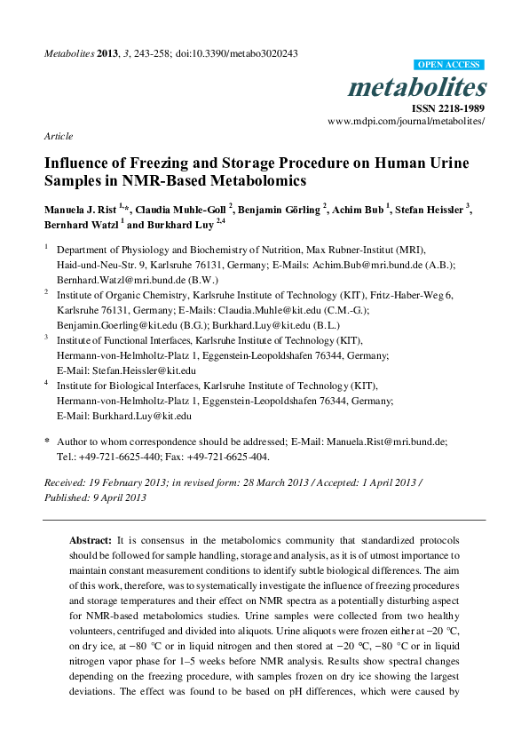 (PDF) Influence of Freezing and Storage Procedure on Human Urine