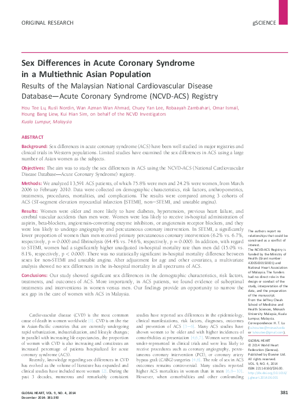 (PDF) Sex Differences in Acute Coronary Syndrome in a Multiethnic Asian ...