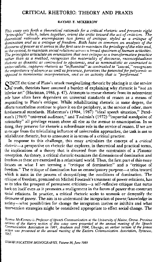 (PDF) Critical rhetoric: Theory and praxis