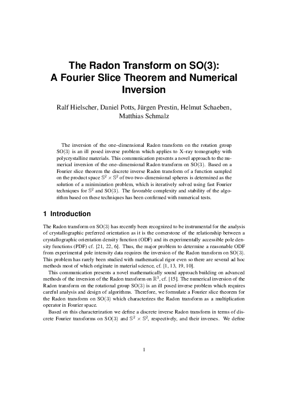 (PDF) The Radon transform on SO(3): a Fourier slice theorem and ...