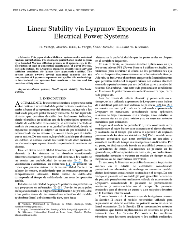 (PDF) Linear Stability via Lyapunov Exponents in Electrical Power Systems