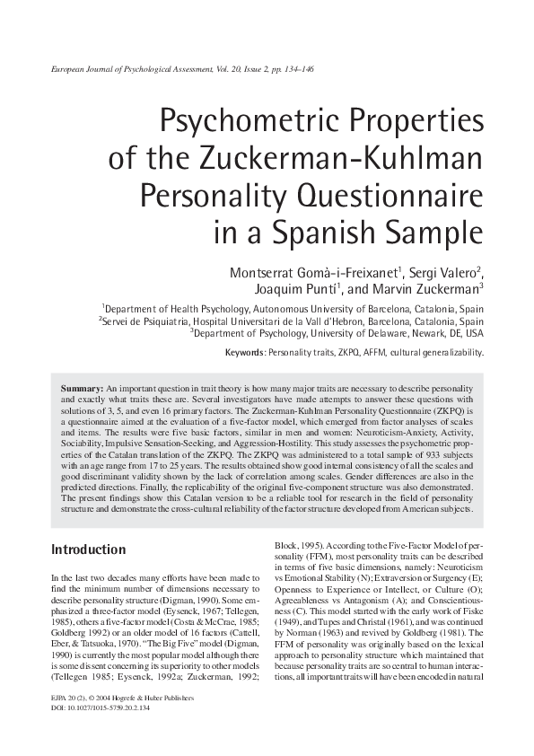 (PDF) Psychometric Properties of the ZuckermanKuhlman Personality
