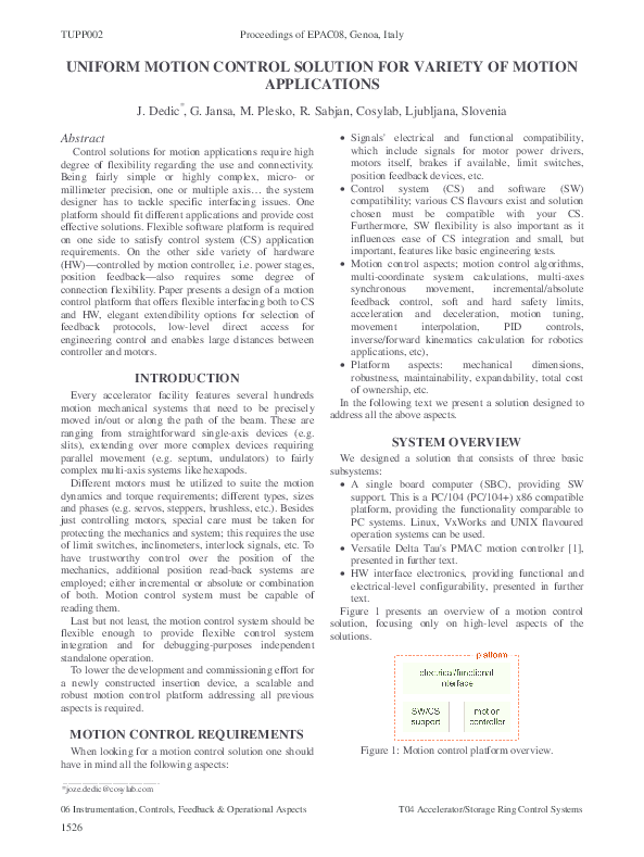 (PDF) Uniform Motion Control Solution for Variety of Motion Applications
