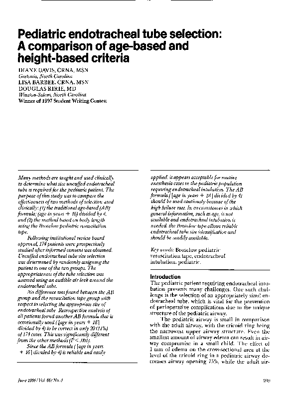 (PDF) Pediatric endotracheal tube selection a comparison of agebased