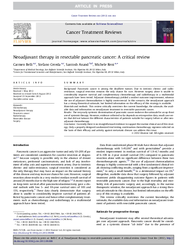 (PDF) Neoadjuvant therapy in resectable pancreatic cancer: A critical ...
