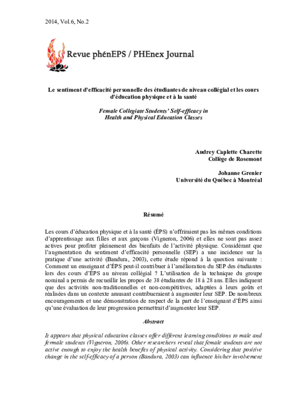 PDF) Le sentiment d'efficacit personnelle des tudiantes de niveau  collgial et les cours d'ducation physique et  la sant