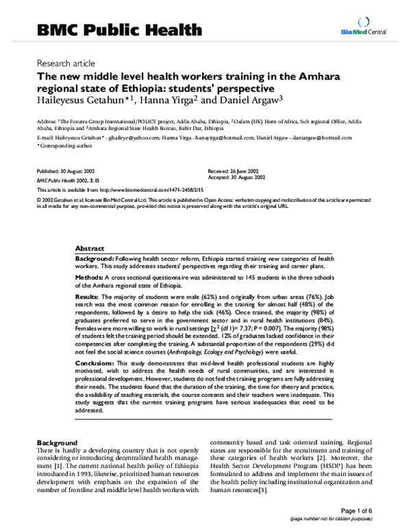 (PDF) The new middle level health workers training in the Amhara ...
