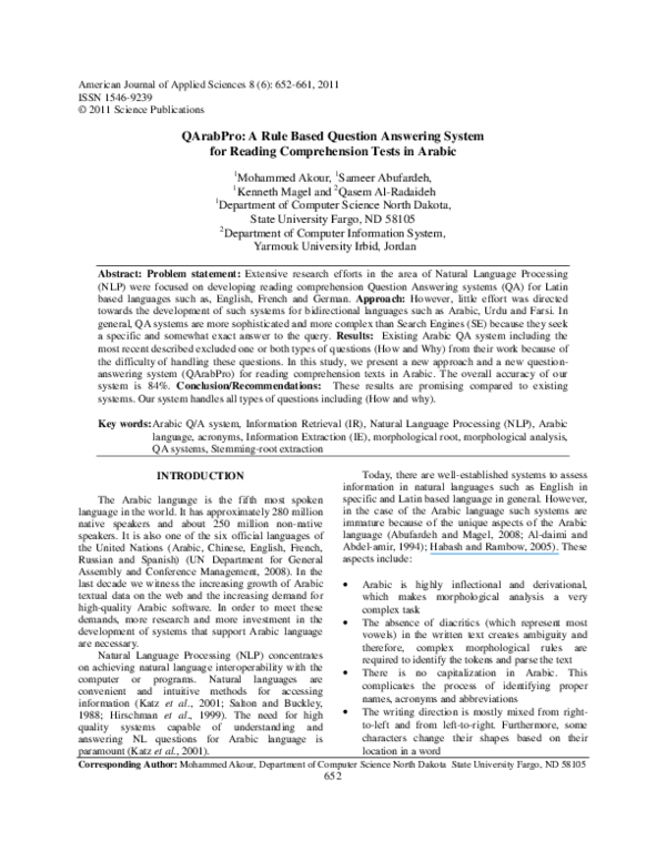 (PDF) QArabPro: A Rule Based Question Answering System for Reading ...