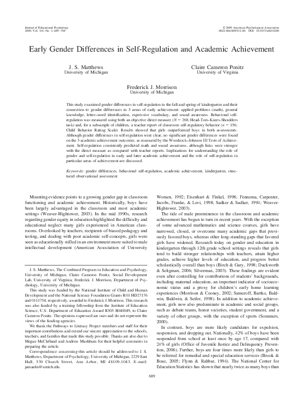 (PDF) Early gender differences in self-regulation and academic achievement
