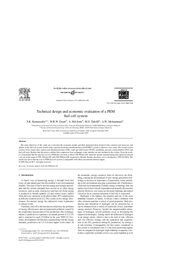 (PDF) Technical Design and Economic Evaluation of a PEM Fuel Cell System.