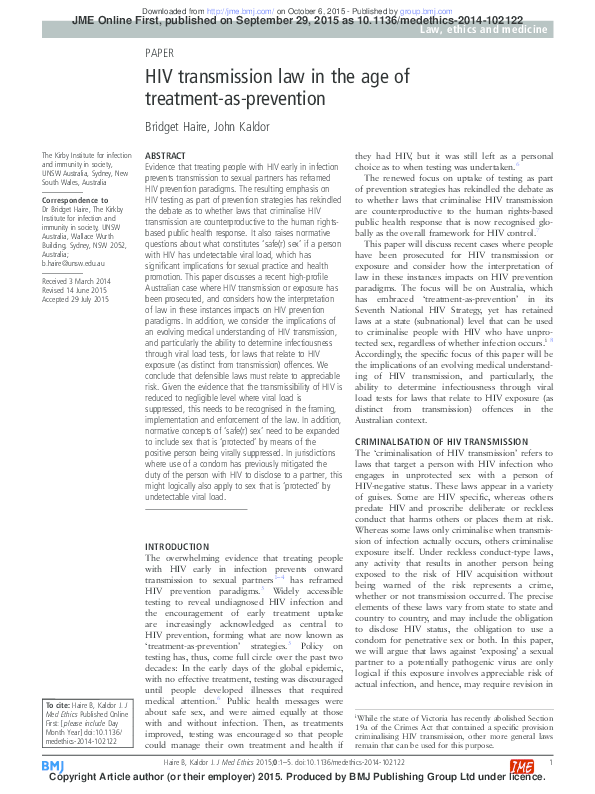 (PDF) HIV transmission law in the age of treatment-as-prevention