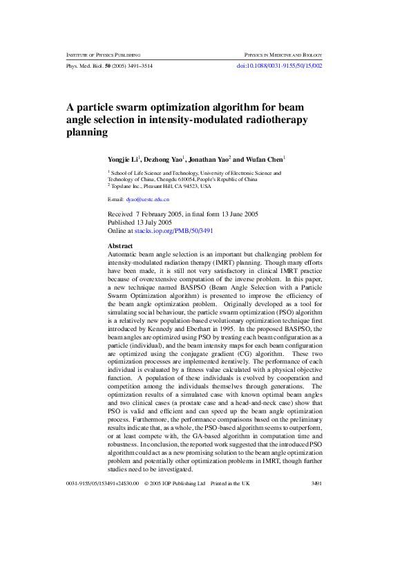 (PDF) A particle swarm optimization algorithm for beam angle selection ...