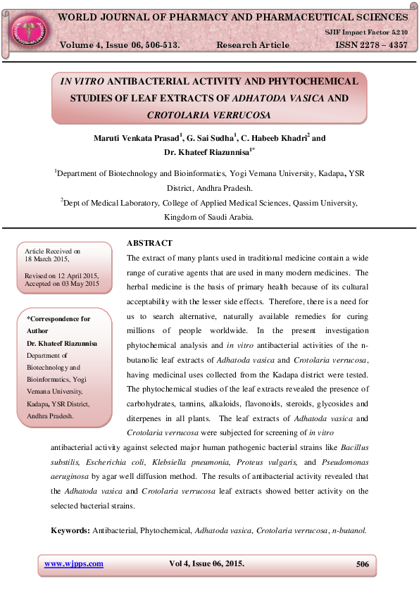 (PDF) IN VITRO ANTIBACTERIAL ACTIVITY AND PHYTOCHEMICAL STUDIES OF LEAF ...