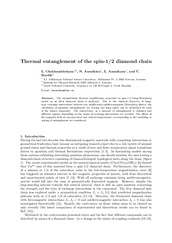 (PDF) Thermal entanglement of the spin-1/2 diamond chain